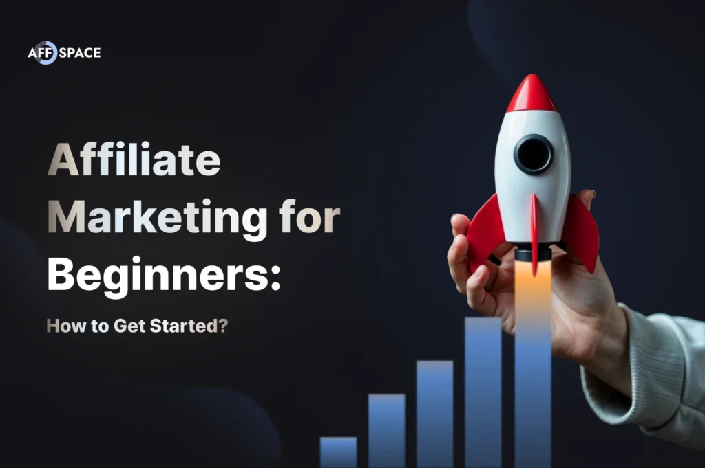Affiliate marketing for beginners: person holding rocket symbolizing business growth with rising bar chart showing progressive success