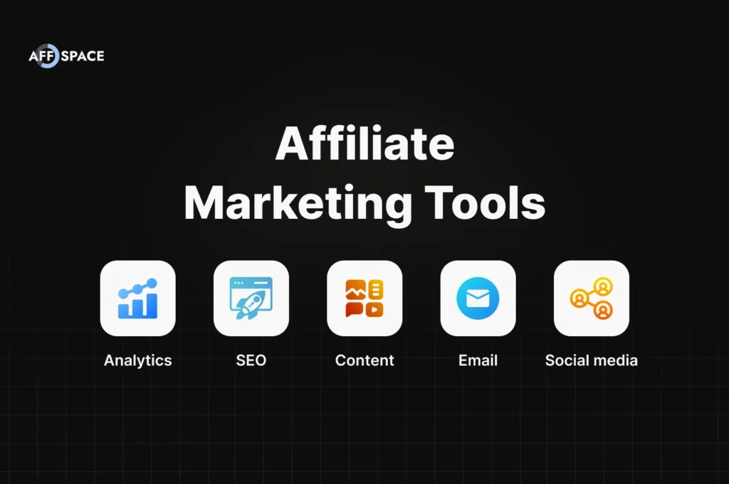 Infographic showing main categories of affiliate marketing tools: analytics, SEO, content, email, hosting, social, and video.