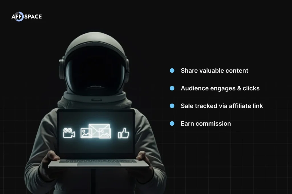 Step-by-step affiliate marketing with no money: Diagram of content sharing, audience clicks, and earning commission.