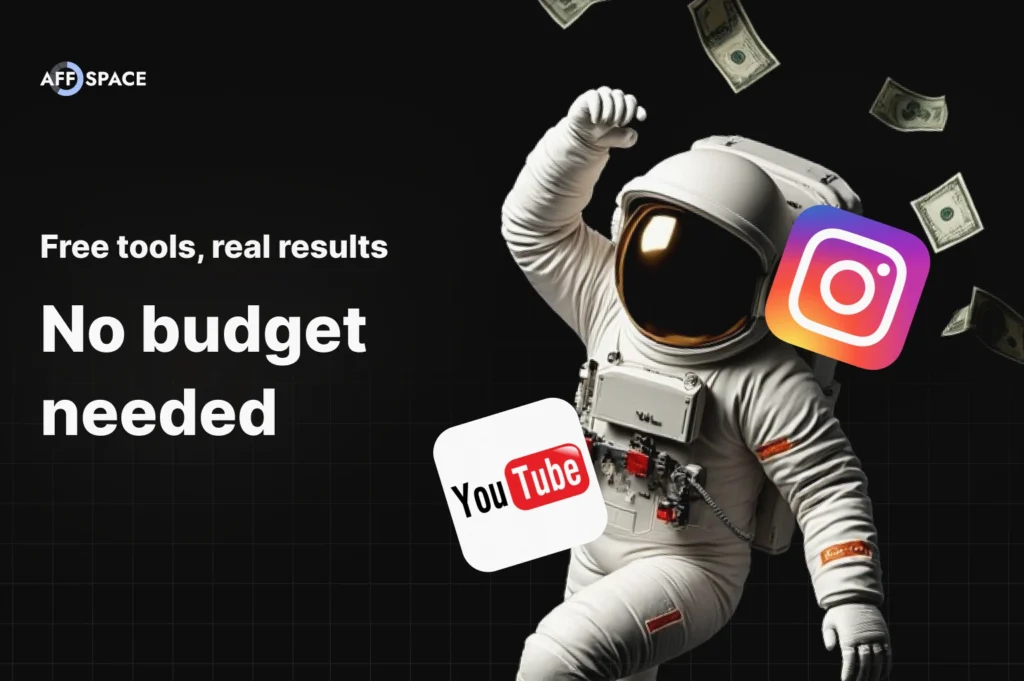 How to Start Affiliate Marketing With No Money: Astronaut with money and social media logos showing free tools for earnings.