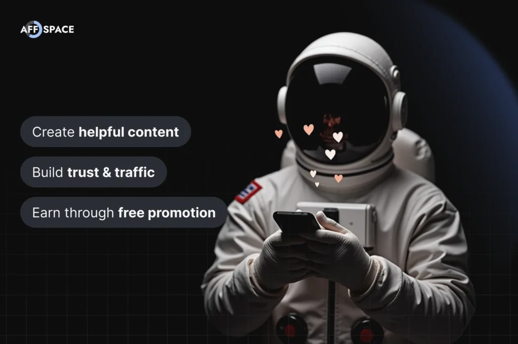 How to Start Affiliate Marketing With No Money: Astronaut on phone creating content, building traffic, and earning commission.