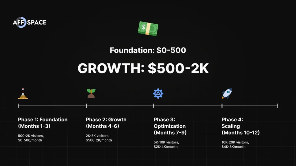 12-month affiliate marketing business growth timeline showing four phases: Foundation, Growth, Optimization, and Scaling