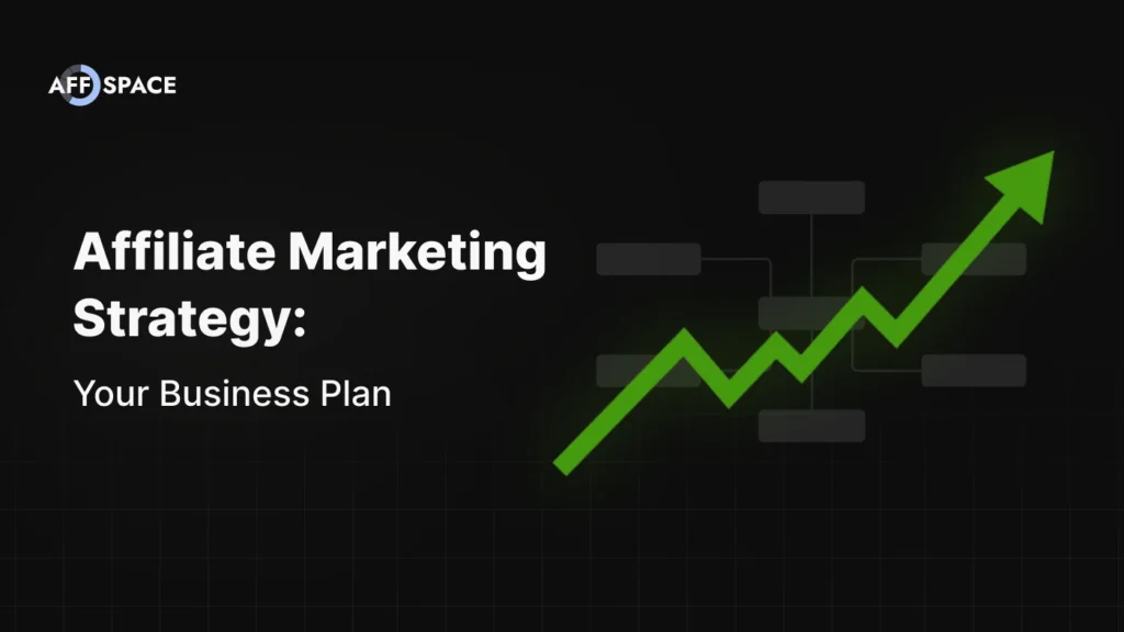 Affiliate marketing strategy business plan visualization showing upward growth arrow with strategic planning elements and revenue trajectory on dark background