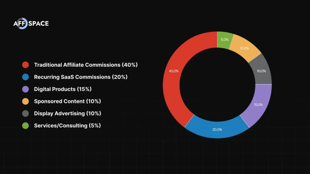 Revenue diversification pie chart for affiliate marketing showing six income streams