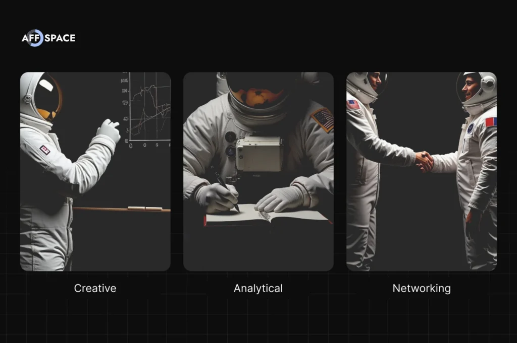 Infographic showing three affiliate marketing career paths: Creative, Analytical, and Networking, symbolized by astronauts representing content creation, data analysis, and partnership development.