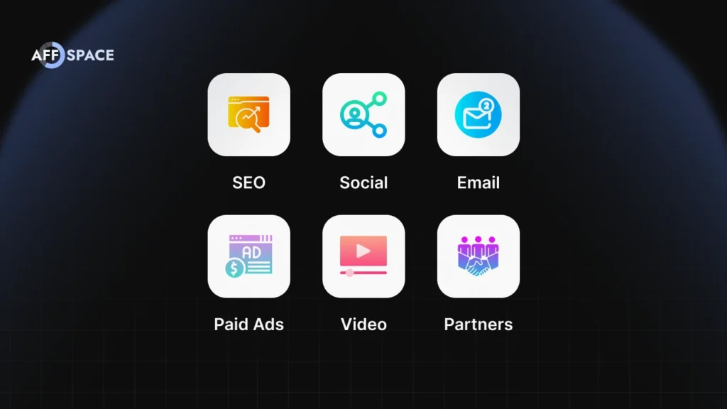 Diversified traffic generation ecosystem for affiliate marketing showing six channels: SEO, social media, email marketing, paid advertising, video content, and partnerships