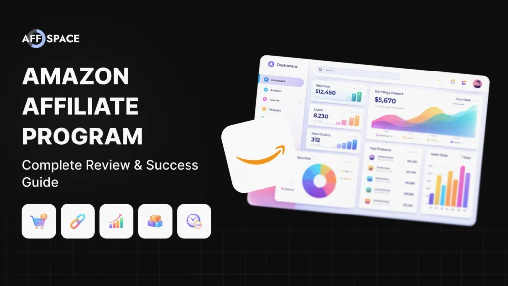 A professional dashboard interface showing revenue and earnings reports for an Amazon affiliate program success guide.