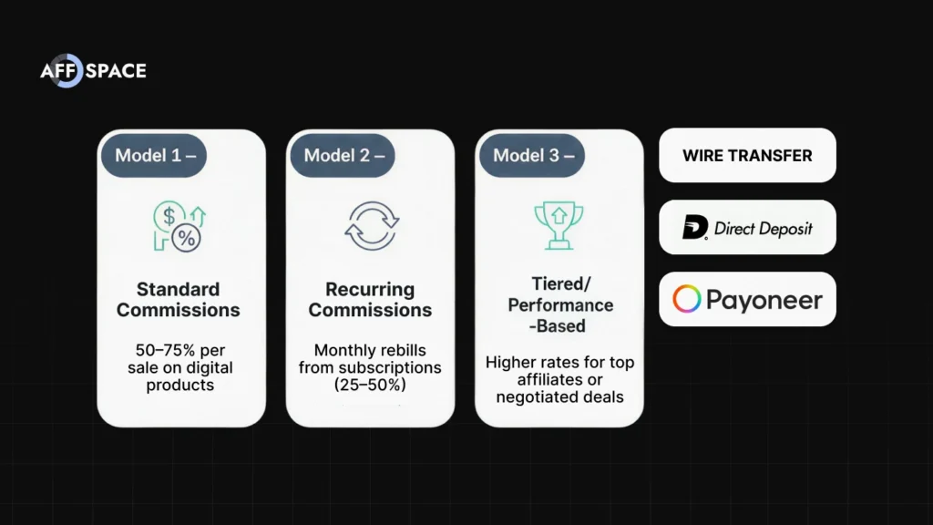 ClickBank commission rates explained: standard digital product commissions, monthly recurring rebills, and payment methods for affiliates