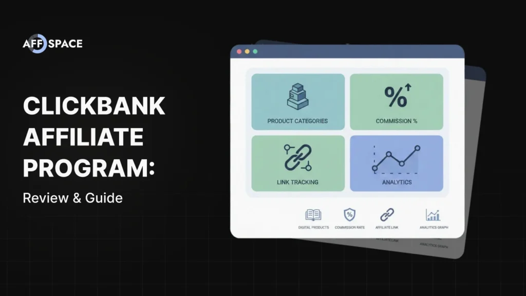 ClickBank affiliate program dashboard showing product categories, commission percentages, link tracking, and analytics features for digital marketing
