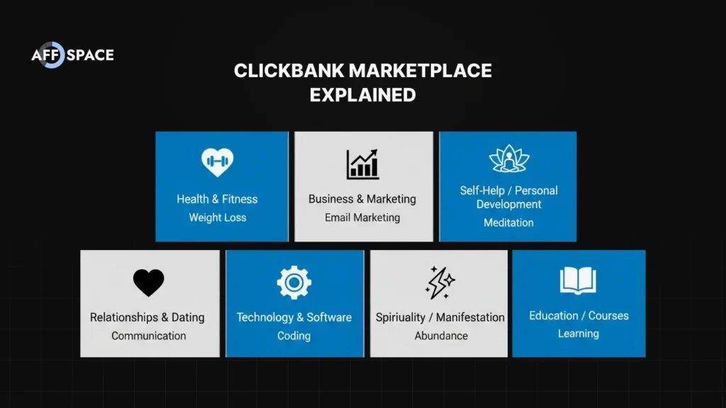 ClickBank marketplace explained with seven product categories including health and fitness, business and marketing, self-help, relationships, technology, spirituality, and education