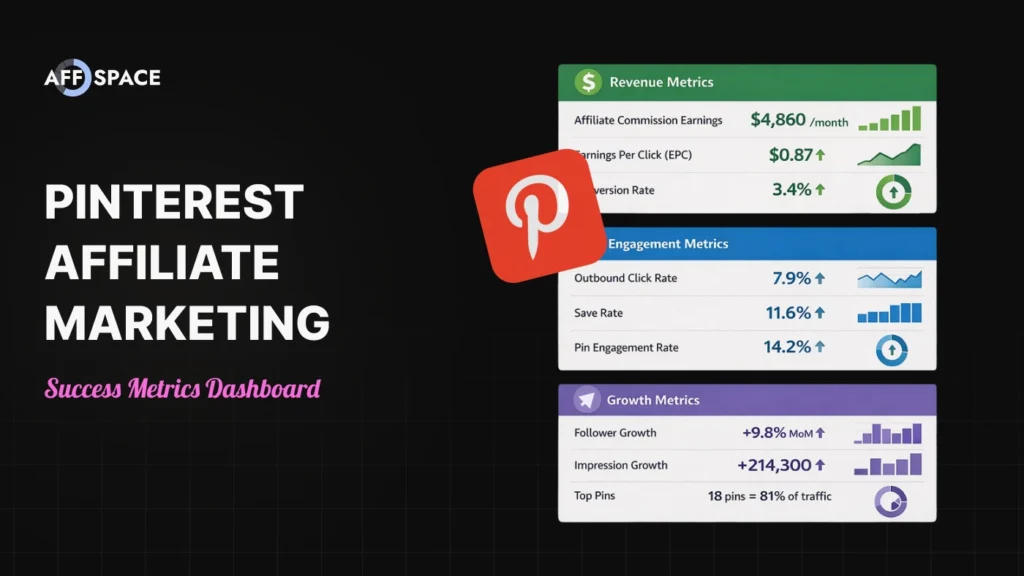 Dashboard showing Pinterest affiliate marketing success metrics including revenue, engagement, and growth indicators