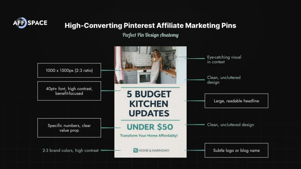Annotated pin template showing optimal design elements for Pinterest affiliate marketing