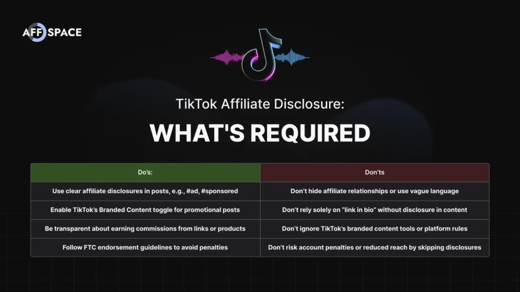 TikTok affiliate disclosure requirements — do's and don'ts infographic
