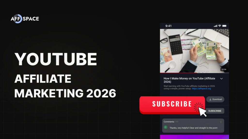 YouTube affiliate marketing 2026 – complete guide hero image showing a YouTube video interface with affiliate link in description