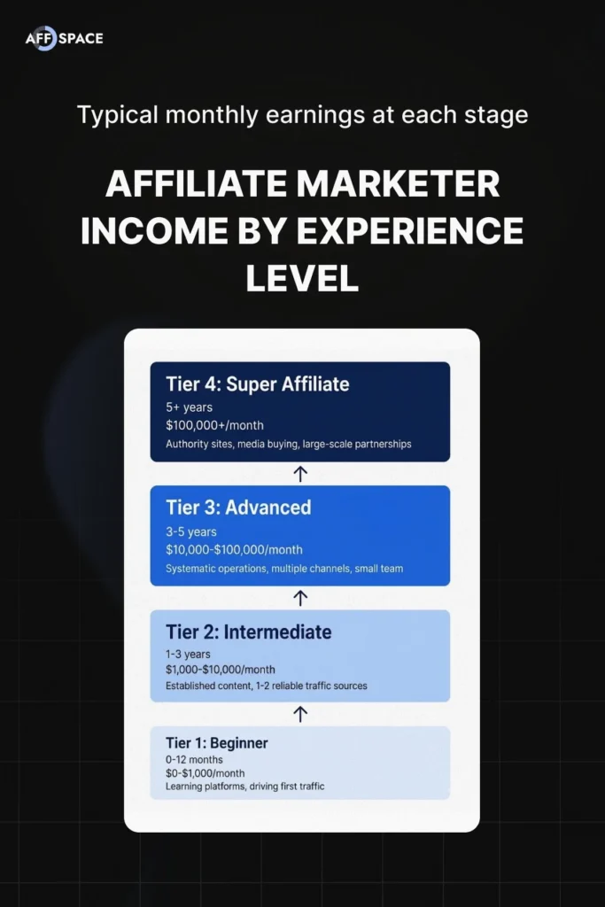 Horizontal bar chart: 41% of affiliates earn under $1,000/month, 35% earn $1K–$10K, 15% earn $10K–$80K, 9% earn $80K+ — average skewed by top 1%