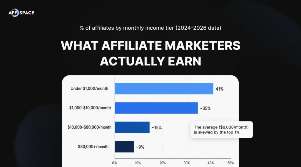 How Much Do Affiliate Marketers Make. Horizontal bar chart: 41% of affiliates earn under $1,000/month, 35% earn $1K–$10K, 15% earn $10K–$80K, 9% earn $80K+ — average skewed by top 1%
