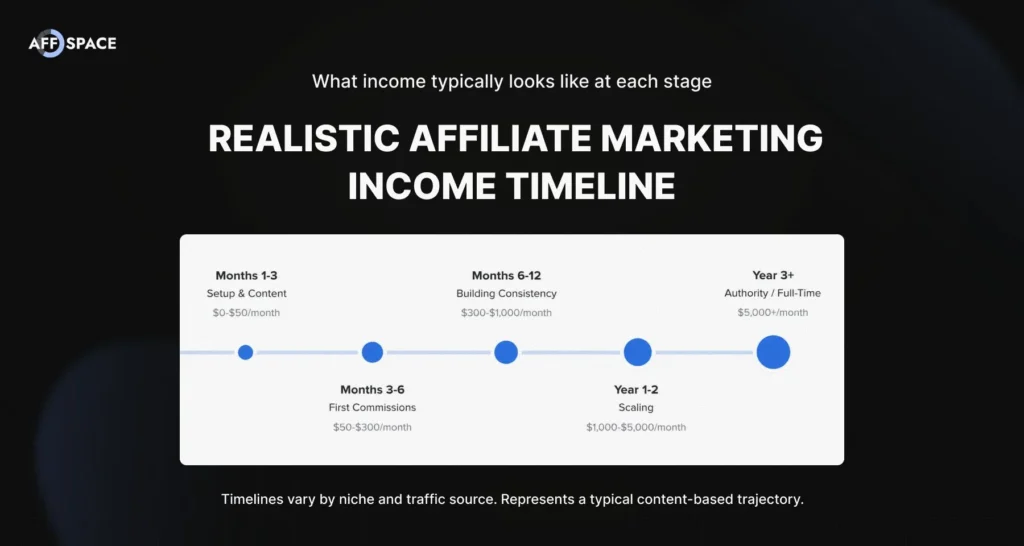 Timeline showing realistic affiliate income by stage: months 1–3 ($0–$50), months 3–6 ($50–$300), months 6–12 ($300–$1K), year 1–2 ($1K–$5K), year 3+ ($5K+/month)