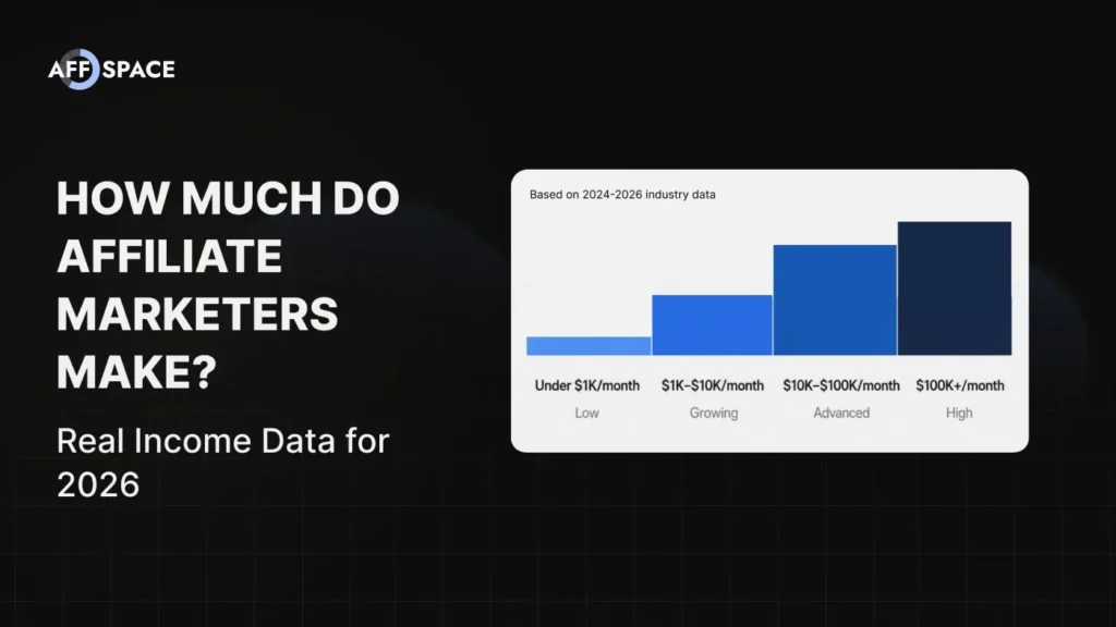 Income tier chart showing affiliate marketer earnings from under $1K to $100K+ per month — real income data for 2026