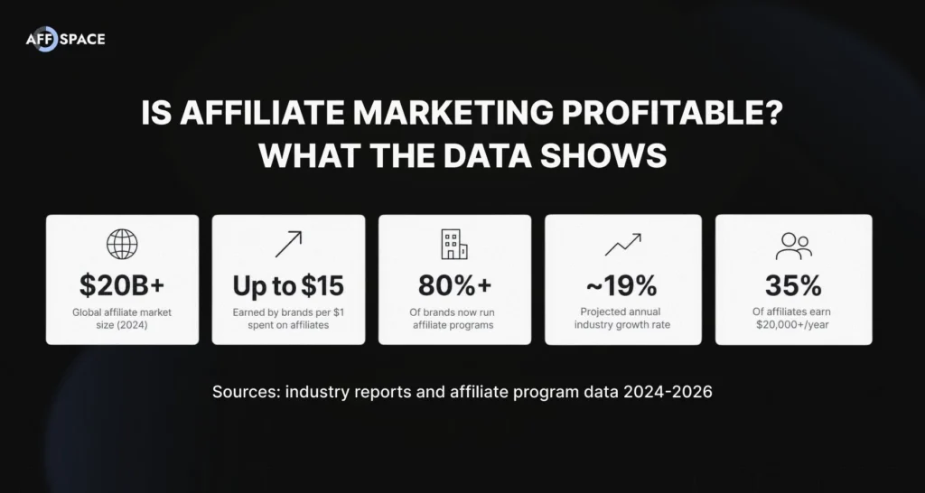 Five data cards: affiliate market $20B+ in 2024, brands earn up to $15 per $1 spent, 80%+ of brands run affiliate programs, 19% annual growth, 35% of affiliates earn $20K+/year