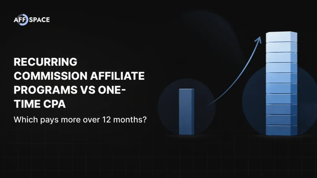 Hero banner reading Recurring Commission Affiliate Programs vs. One-Time CPA, with an abstract graphic contrasting a single CPA payment against a recurring RevShare stack.